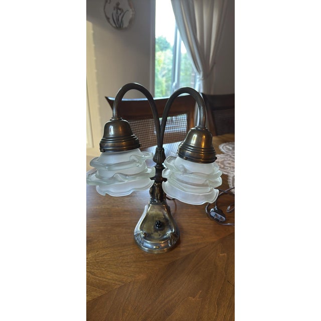 Art Nouveau Vintage Art Nouveau Double Gooseneck Lamp - White Frosted Rose Shades For Sale - Image 3 of 9