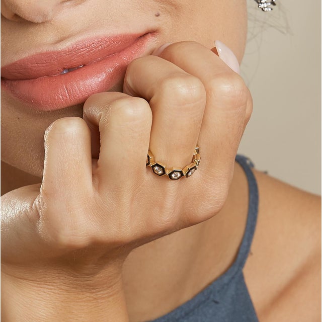 Syna Yellow Gold Black Enamel Ring with Diamonds For Sale - Image 4 of 6