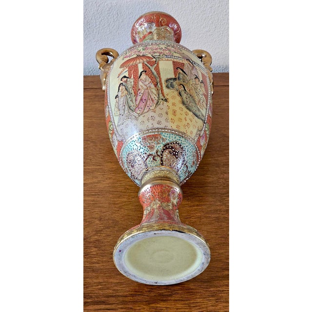 Vintage Japanese Satsuma Hand-Painted Moriage Urn Vase - 16.5” Tall For Sale - Image 14 of 17