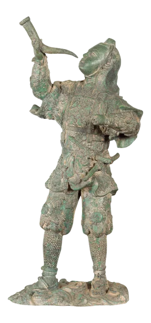 Vintage Lost Wax Cast Verde Bronze Statuette of a Soldier Holding a Horn