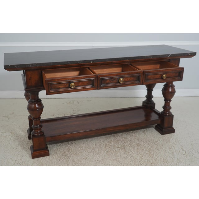Traditional Henredon 3 Drawer 2 Tier Marble Top Console Table For Sale - Image 3 of 18