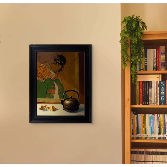 Contemporary Tea and Cookies by Sarah van der Helm | Oil on panel Still life of a teapot and fortune cookies For Sale - Image 3 of 5