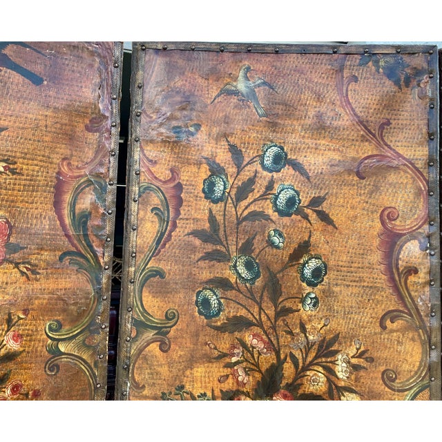 Large Five Panel Dutch Leather Chinoiserie Screen For Sale - Image 12 of 12