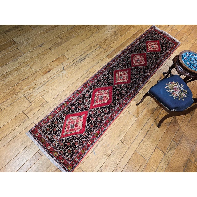 Vintage Persian Bidjar Runner, Hand-Knotted Wool, Geometric Pattern, Navy & Red, 3x10 For Sale - Image 4 of 15