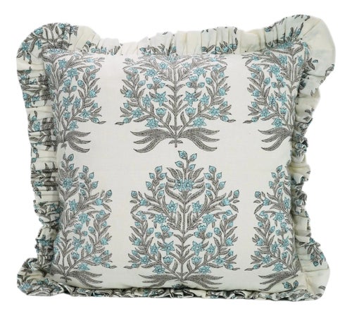 Fabdivine Cotton Frill Cushion Cover With Block Print Blue 16x16