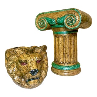 Jobi of Brazil Lion Head Planter With Pedestal | Painted Glass Tiles For Sale