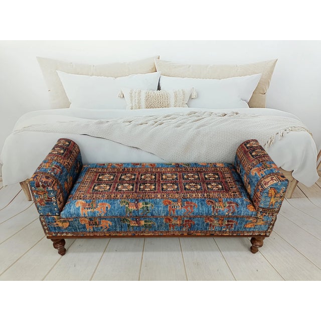 Horse Pattern Rug Print Fabric Upholstered Armed Storage Bench For Sale - Image 10 of 10