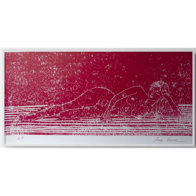 “Nude on the Sofa” is an original hand-pulled linocut limited edition of 3, hand signed and numbered 2/3. Printed by hand,...