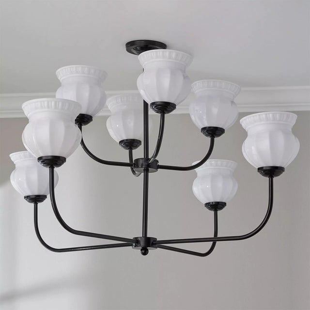 Chris Loves Julia X Shades of Light Marlo 8-Light Chandelier Black + Milk Glass For Sale - Image 4 of 4