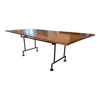 Industrial Style Custom Dining Table With Heavy Iron Base For Sale