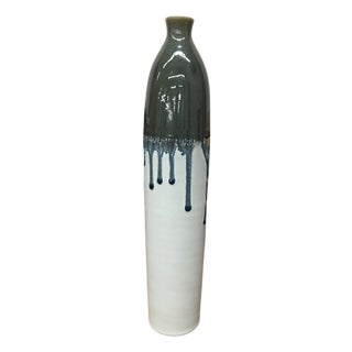 White Ceramic Vase with Gray-Blue Crackle Drip Glaze For Sale