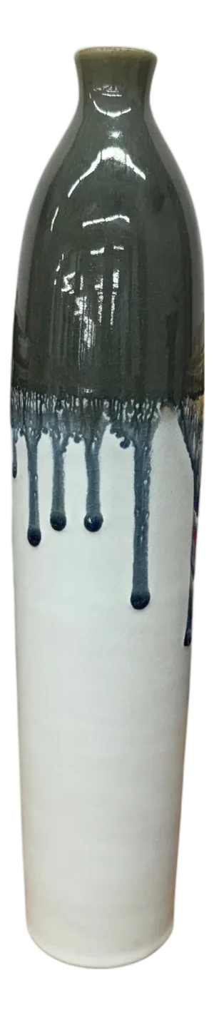 White Ceramic Vase with Gray-Blue Crackle Drip Glaze