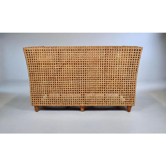 Blue Modern Caned Teak Rattan Loveseat in Blue and White Sunbrella Fabric For Sale - Image 8 of 15