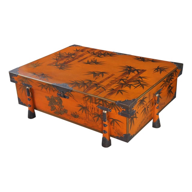 1980s Maitland Smith Japanese Meiji Style Red Lacquered Bamboo Motif Coffee Table 48" For Sale