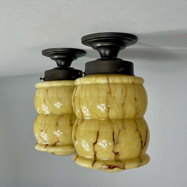 Art Deco Marbled Opaline & Burnished Brass Flush Mounts, Germany, 1930s, Set of 2 For Sale - Image 10 of 16