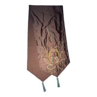 Sethi & Sethi Modern Lotus Flora Embroidered Silk Throw/Table Runner For Sale