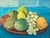 Colorful fruits pop against a vivid blue background in this mid-century Danish Still Life. Painted in the 1950's, it is...