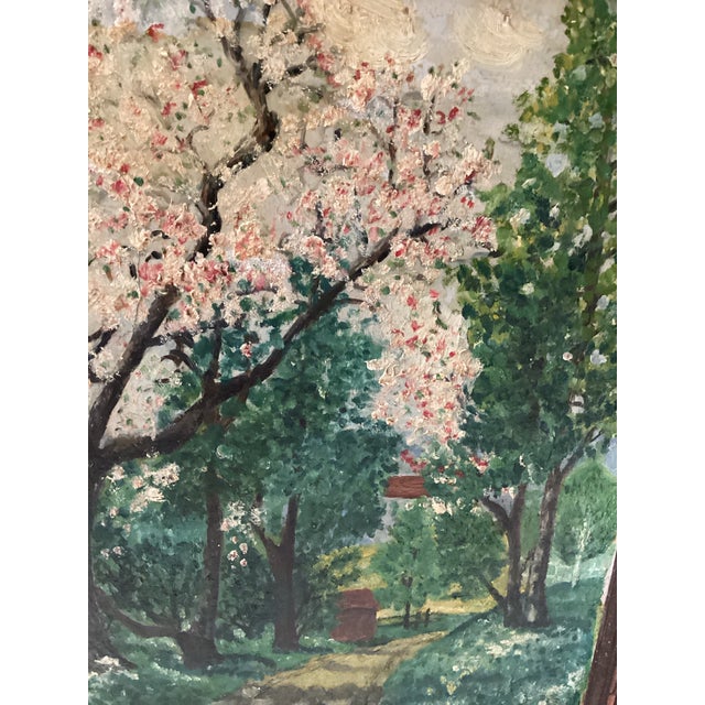 Wood Set of Two Matching Vintage 1950s Landscape Dogwood Paintings, Framed For Sale - Image 7 of 11