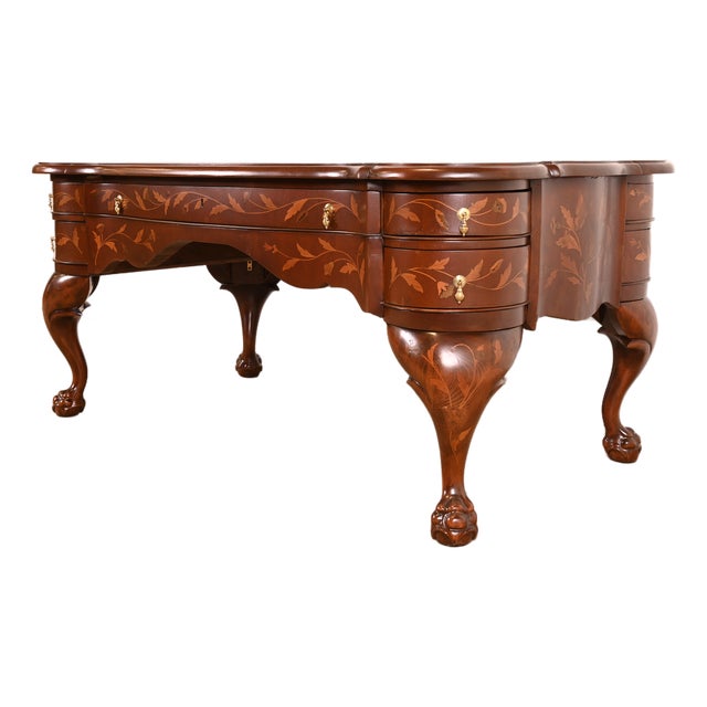 Antique Dutch Louis XV Mahogany Inlaid Marquetry Executive Desk, Circa Late 19th Century For Sale