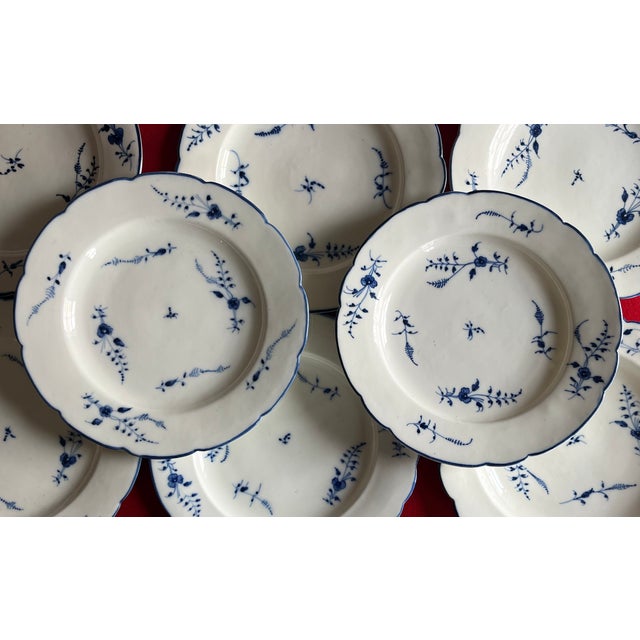 Antique 18th century French Louis XV Chantilly porcelain dinner plates, circa 1760. Decorated with underglaze blue sprig...