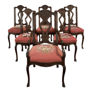 Set of 6 Antique Liegeoise Needlepoint Dining Chairs