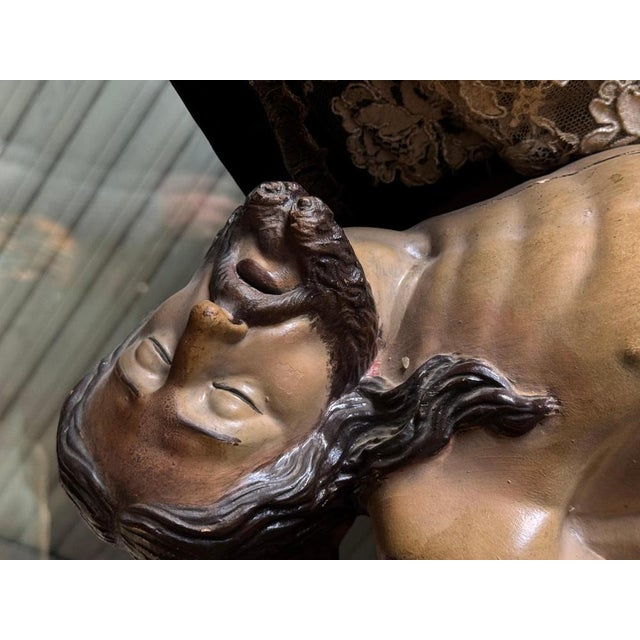 Spanish Baroque Pietà in Polychrome Wood with Silver Crown, 18th Century For Sale - Image 6 of 11