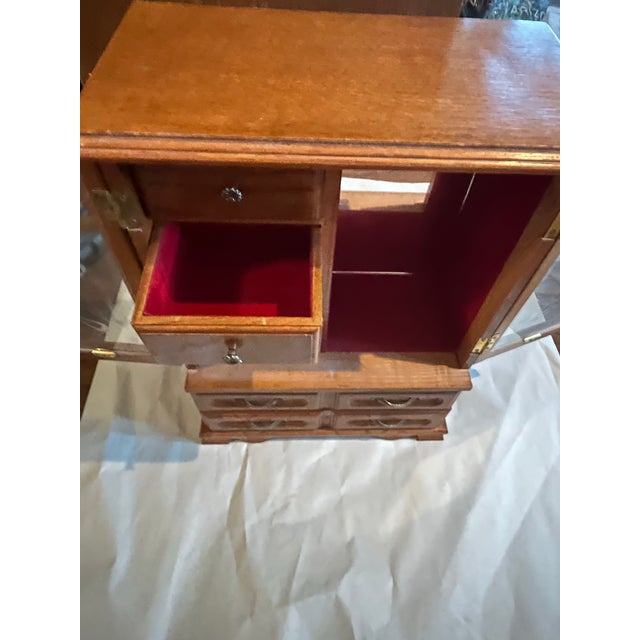 Sienna Large Vintage Jewelry Box Armoire Chest 16" Wood 2 Floral Rose Etched Glass Doors 5 Drawers Red Velvet Mirror Hooks Cottage Core For Sale - Image 8 of 10