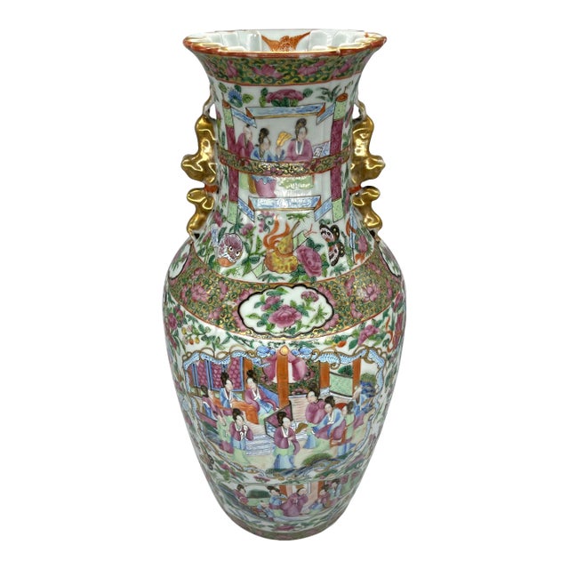 Canton Famille Rose Mandarin Vase, Fluted Body and Castellated Top, Ca. 1840 For Sale