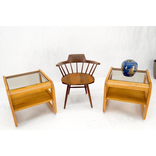 Pair of Mid-Century Solid Oak Smoked Glass Top End Side Tables W Shelves Mint! For Sale - Image 6 of 18