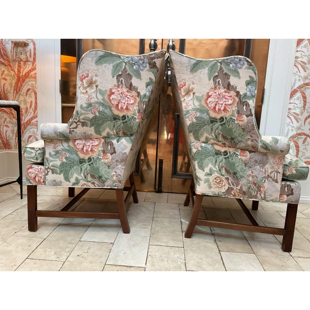 English Pair Wing Chairs Newly Upholstered in Lee Jofa Chinese Lantern II in Spring For Sale - Image 3 of 8