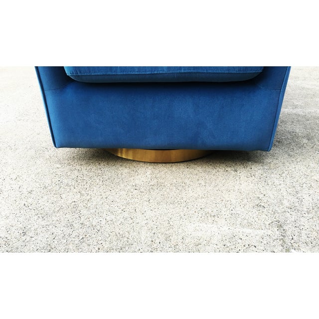 Milo Baughman Blue Velvet & Brass Swivel Chairs in the Style of Milo Baughman - A Pair For Sale - Image 4 of 7