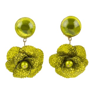 Francoise Montague by Cilea Resin Pair of Clip Earrings Green Poppy Flower For Sale