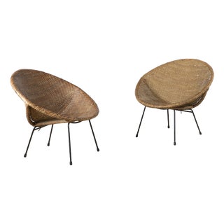 Mid-Century Modern Woven Rattan and Metal Cone Chairs, Italy, 1950s, Set of 2 For Sale