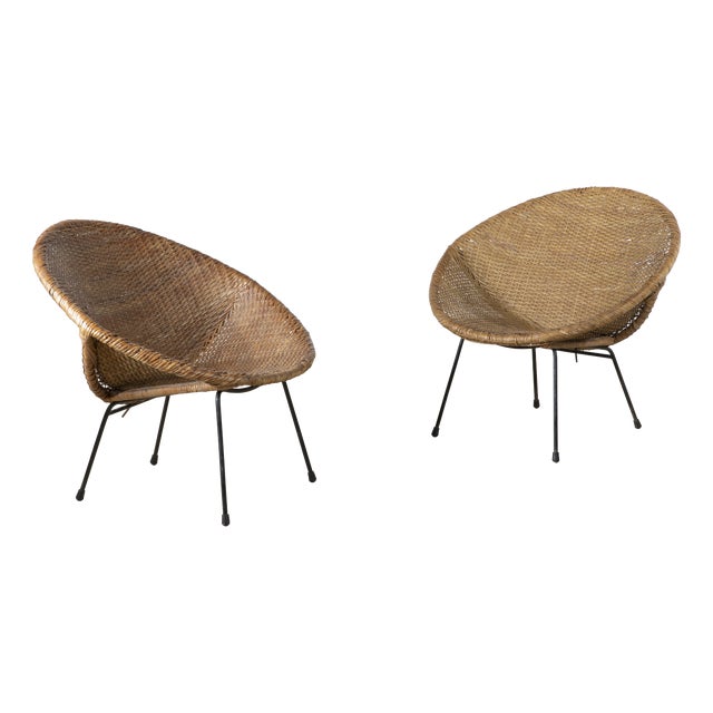 Mid-Century Modern Woven Rattan and Metal Cone Chairs, Italy, 1950s, Set of 2 For Sale