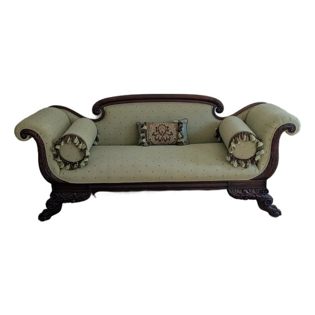 Antique American Classical Empire Sofa With Ornate Carved Mahogany Frame For Sale
