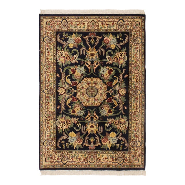Art Nouveau 1990's Medallion Pak-Persian Blue/Beige Wool Rug - 4'1'' X 6'1'' For Sale