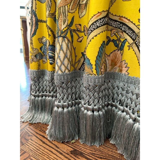 Yellow Custom Table in Pierre Frey Du Roi and Samuel & Sons Tassel Fringe For Sale - Image 8 of 9