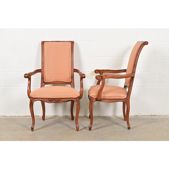 Baker Furniture French Provincial Louis XV Carved Walnut Armchairs or Dining Captain Chairs, Pair For Sale - Image 10 of 13