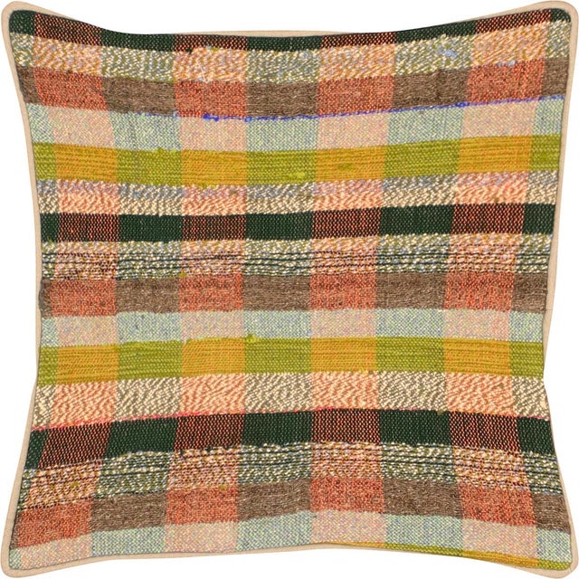 1960s Turkish Rag Pillow. Sewn with fragments of vintage hand made Anatolian cotton & linen kilims. Fiber fill. 523114
