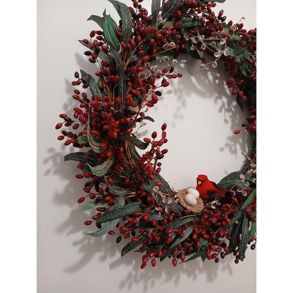 Brown Winter Berries Door Wreath Realistic Red Cardinal‎ Egg Nest Holiday Ice Crystals For Sale - Image 8 of 15