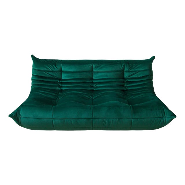 Bottle Green Velvet Togo 3-Seat Sofa by Michel Ducaroy for Ligne Roset For Sale