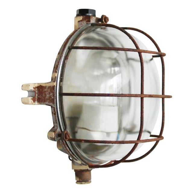Vintage French Industrial Wall Light in Cast Iron and Clear Glass For Sale