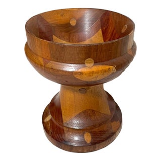 Antique Handmade Carved Folk Art Turned Wooden Centerpiece Bowl Tazza Marquetry For Sale