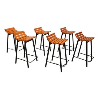 Set of Six Mid-Century Modern Oak & Steel Bar Stools, 1960s For Sale