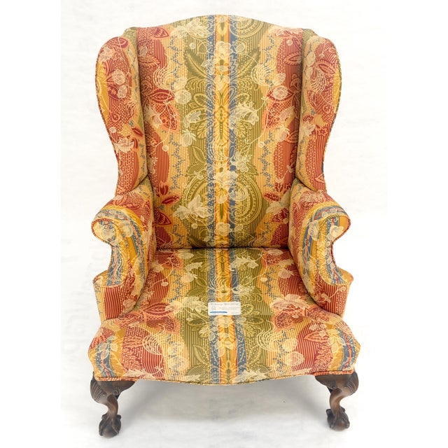 Large Fancy Floral Pattern Uphlstry Fine Carved Ball & Claw Feet Wing Chair MINT For Sale - Image 9 of 13