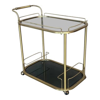 Art Deco Brass Dry Bar Cart With Smoked Two Tier Glass For Sale