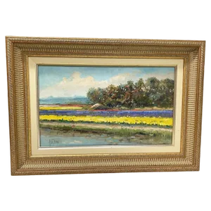 Hans De Jong, Flower Fields, Oil on Panel, Framed