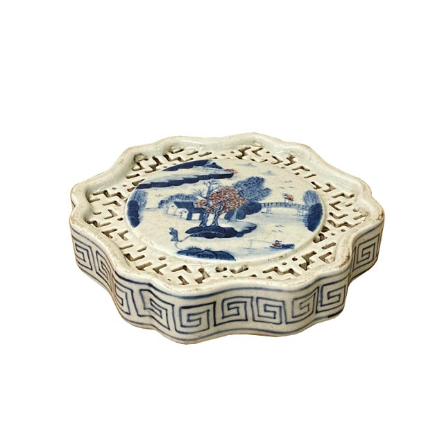 This is a vintage finish porcelain display with blue-white theme color oriental scenery graphic. Not for food serving. It...