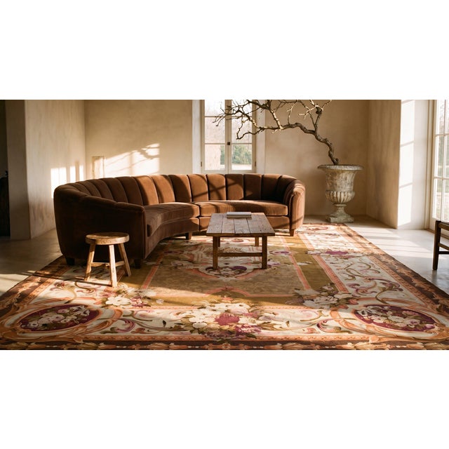Textile 1870s Green White Medallion Antique French Aubusson Rug 15'6" X 22' Handmade Wool Carpet For Sale - Image 7 of 9