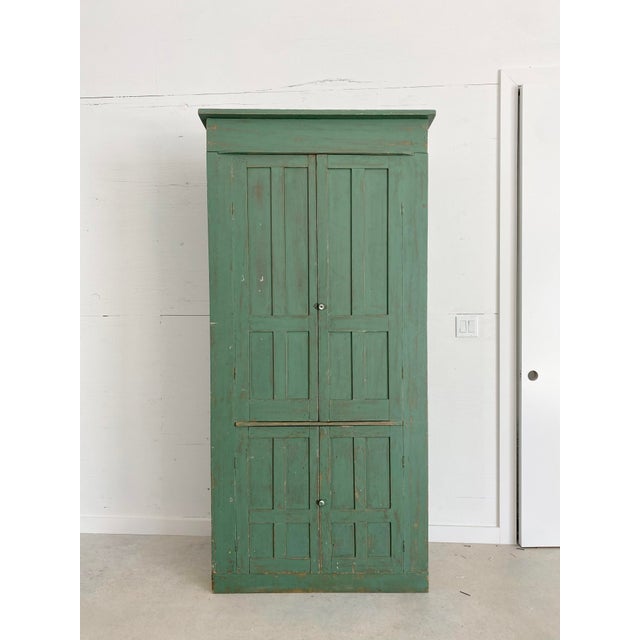 Primitive Painted Green Four Door Cabinet With Original Brass Sliding Lock For Sale - Image 4 of 18